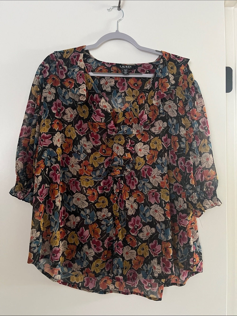 Lauren Ralph Lauren Black Floral Ruffle-Front Blouse with Multicolor Blossoms